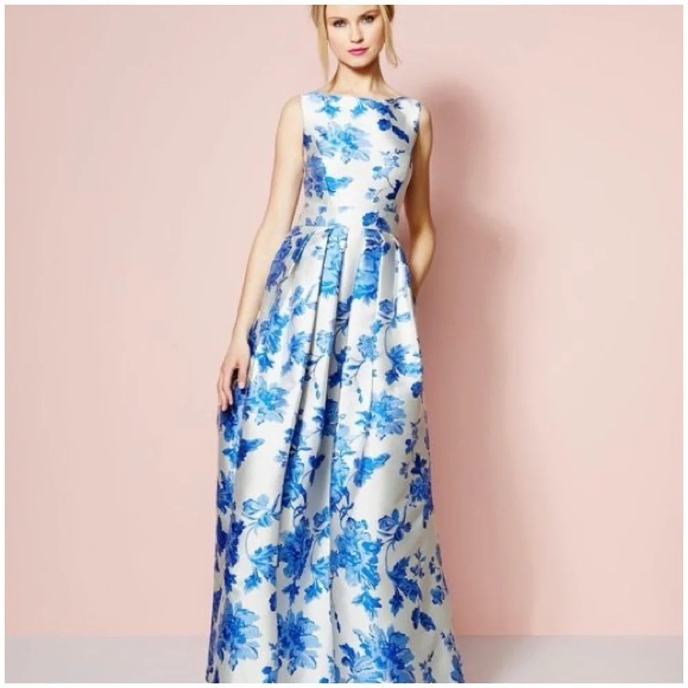 NWT Eliza J Jacquard Creamy White and Blue Floral Pleated Gown, Size 2 - Picture 4 of 16